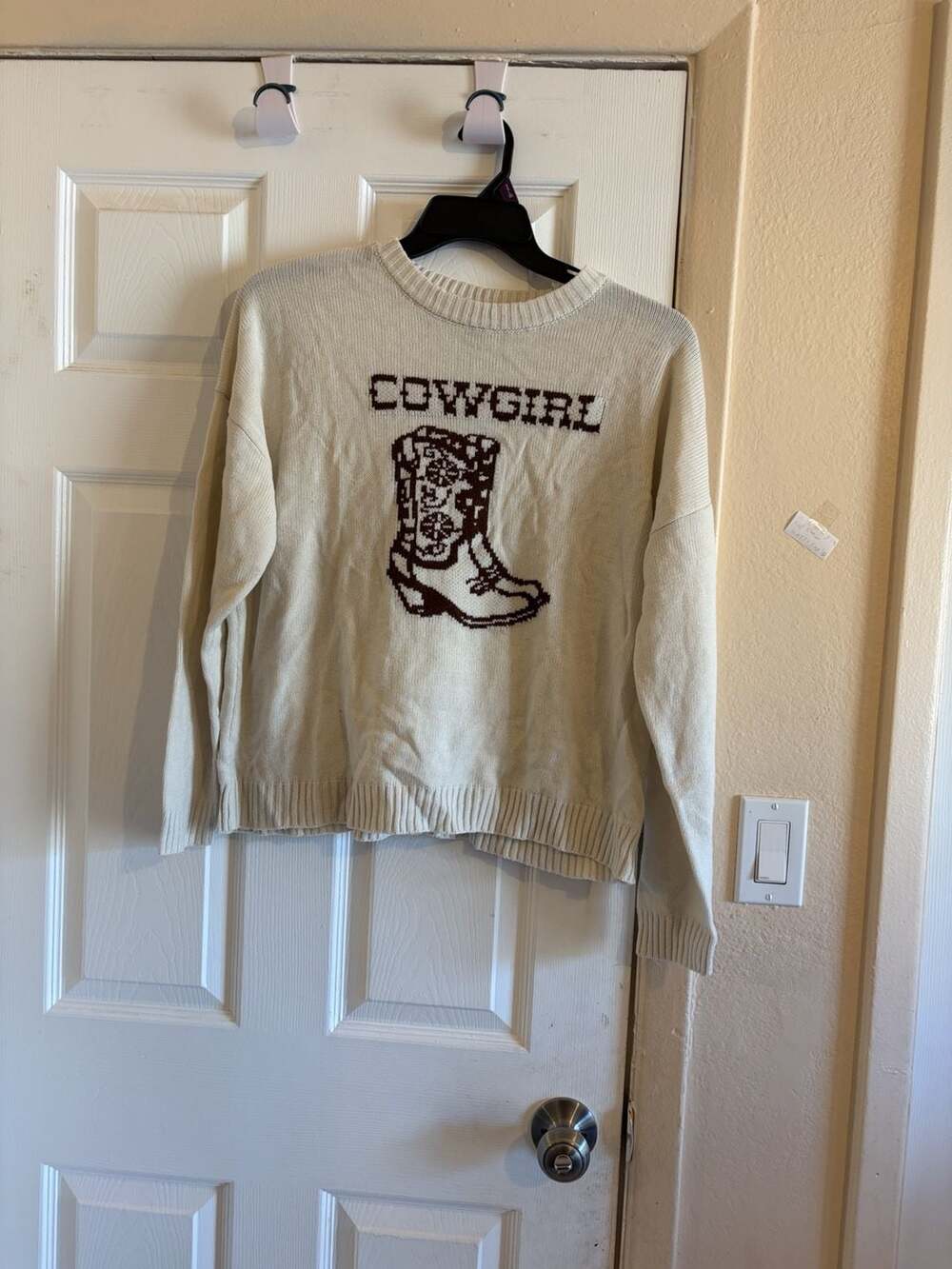 Country Cowgirl Boot Graphic Knit Sweater Cream Brown Rodeo SOU1026B